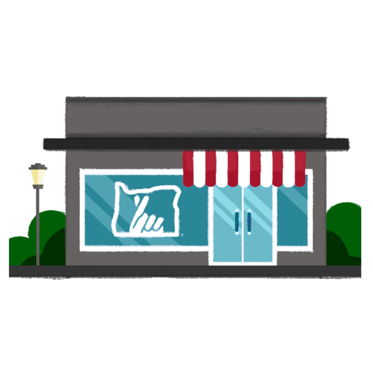 illustration of a store front with a lottery logo on the front window